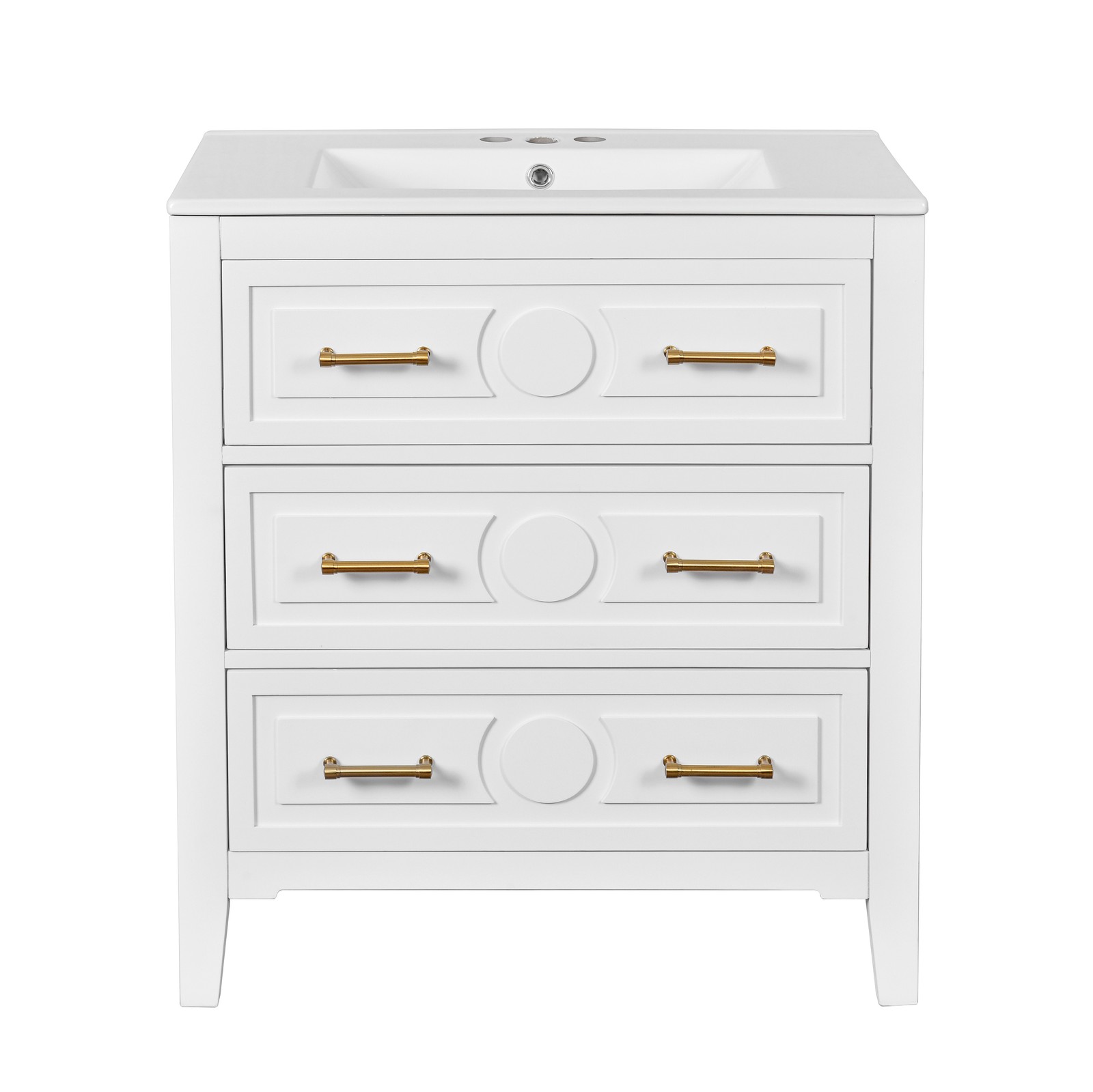 30″ Bathroom Vanity with Ceramic Sink Combo, White, 3 Drawers