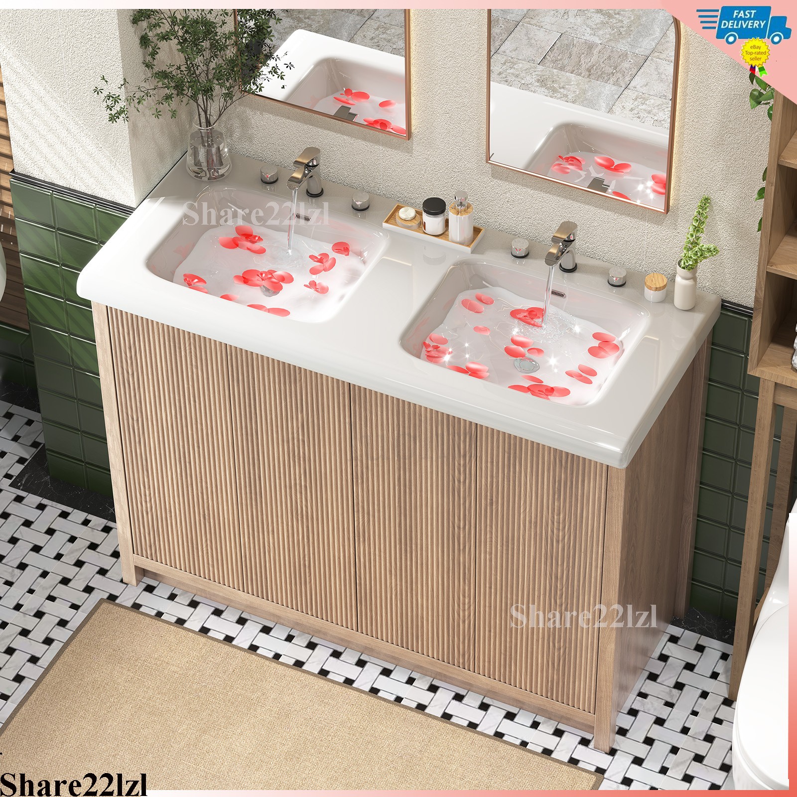 47″ Bathroom Vanity with Double Ceramic Sink, Modern Storage Cabinet with Doors