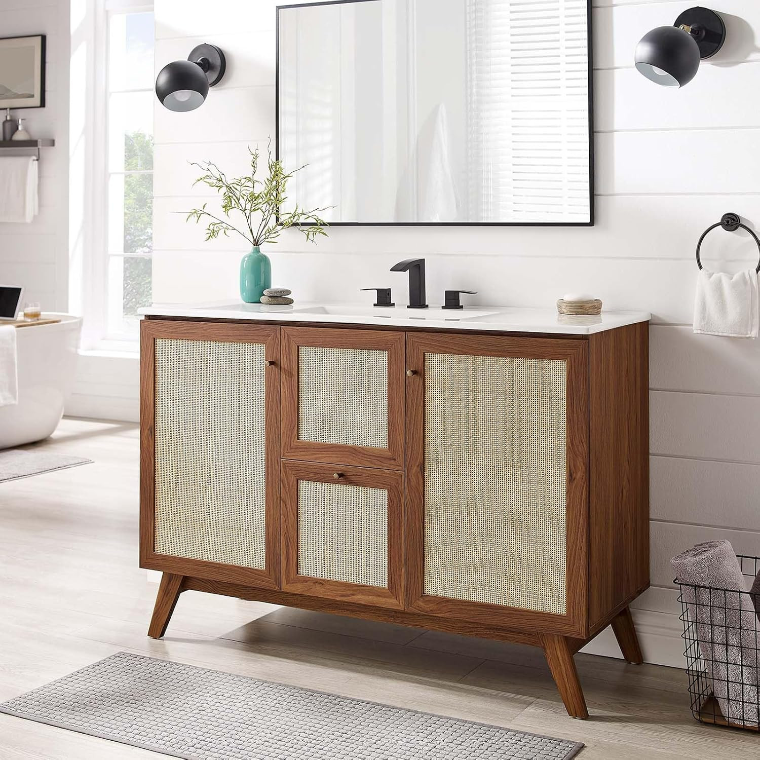 Soma Walnut Rattan Weave Bathroom Vanity Cabinet, 48” Sink Compatible