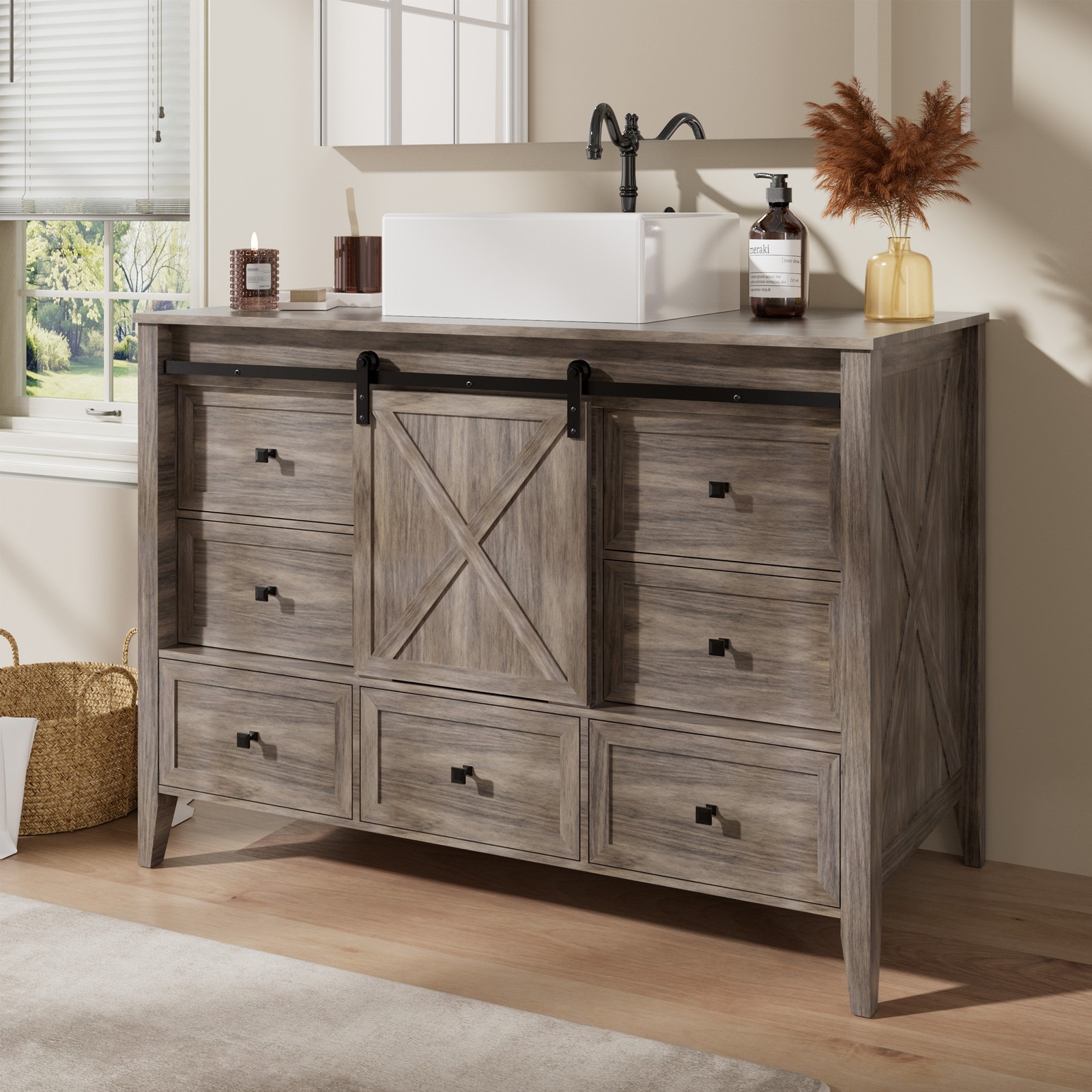 48″ Bathroom Vanity Wood Grain Cabinet with Ceramic Sink NO Faucet Combo Set