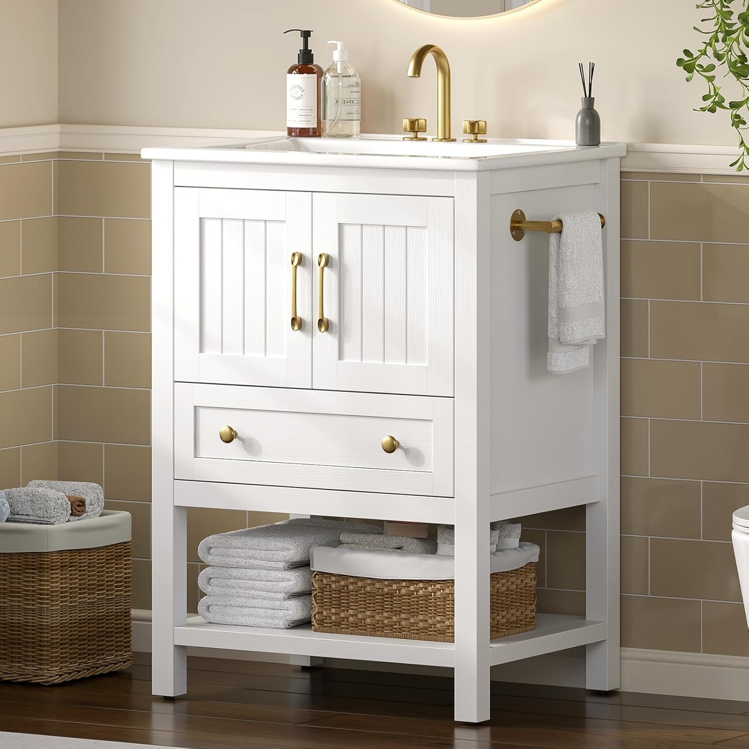 24 Bathroom Vanity with Sink and Towel Holder Modern White