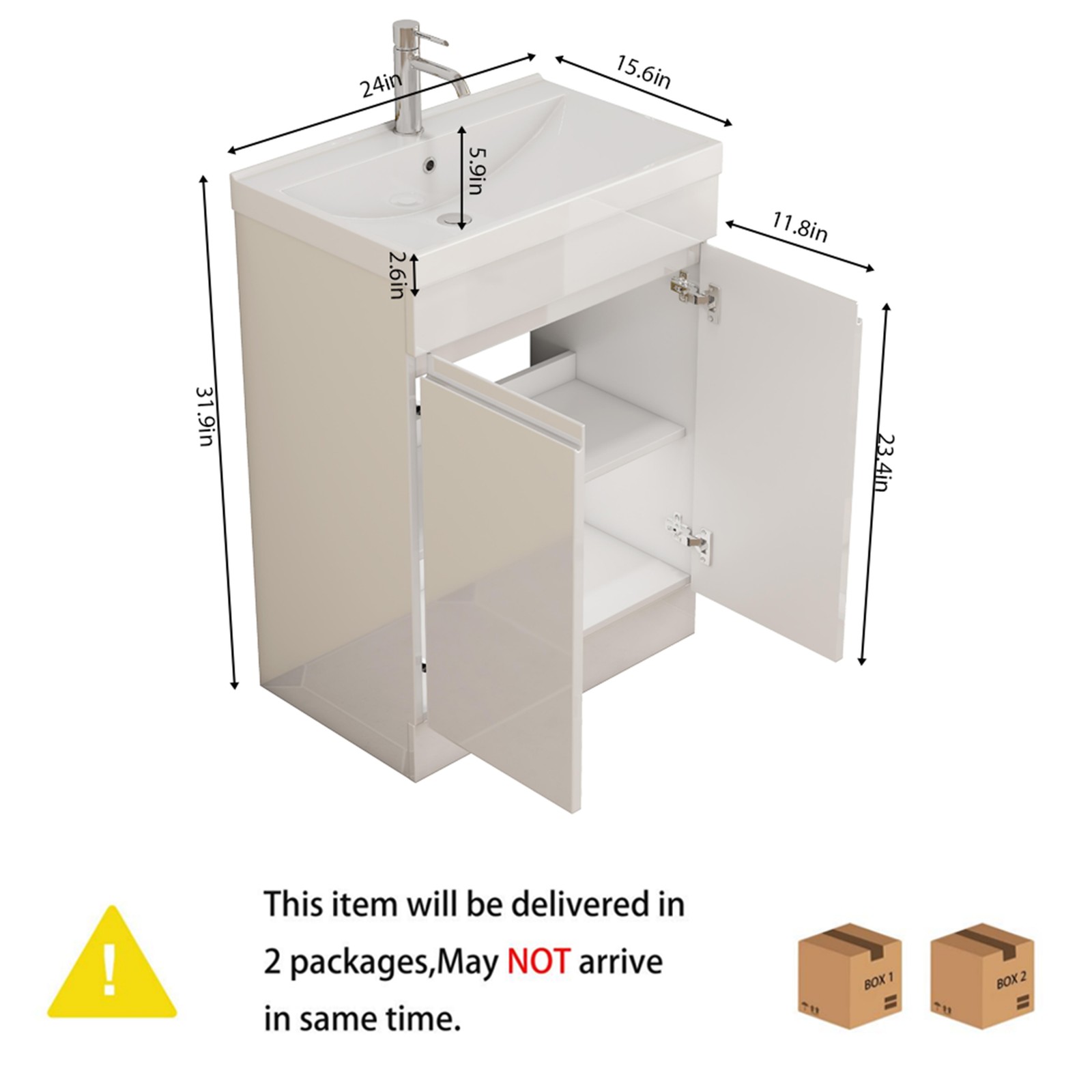 24″ Bathroom Vanity With Sink Combo,2 Doors Bathroom Cabinet, With Shelf White