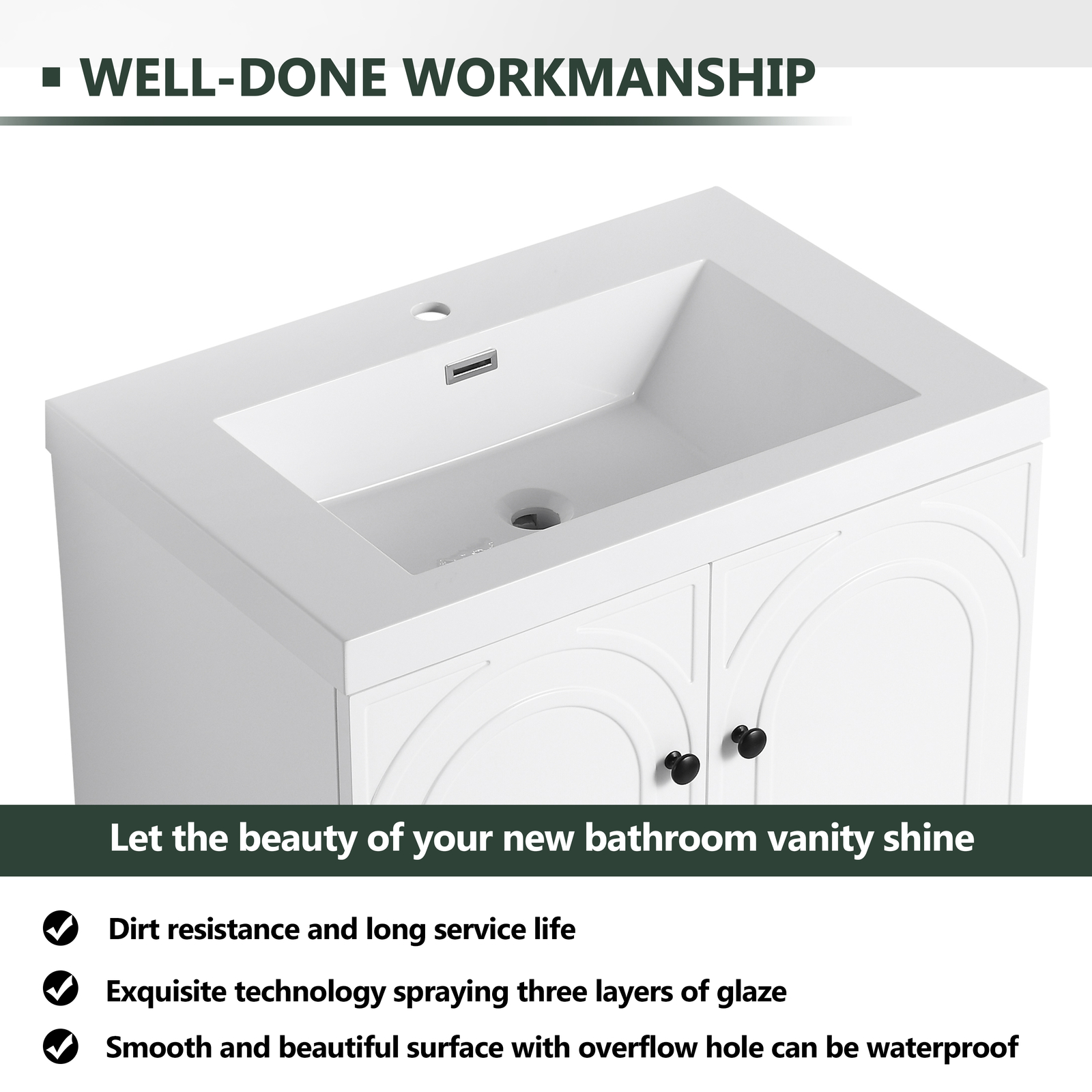 30″ Modern Freestanding Bathroom Vanity Cabinet With Undermount Resin Sink Basin