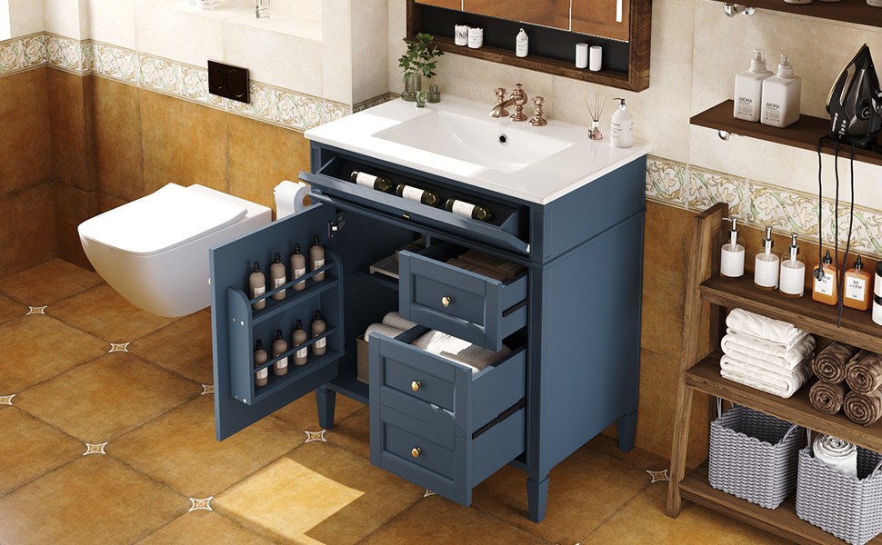 30″ Bathroom Vanity with Sink, 2 Drawers & Tip-Out Drawer, Blue