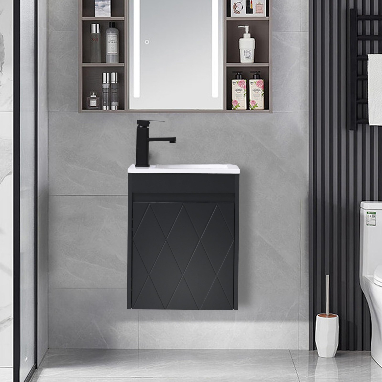 16″ Wall Mounted Bathroom Vanity Sink Combo, Small Space Cabinet Set, Black Fauc
