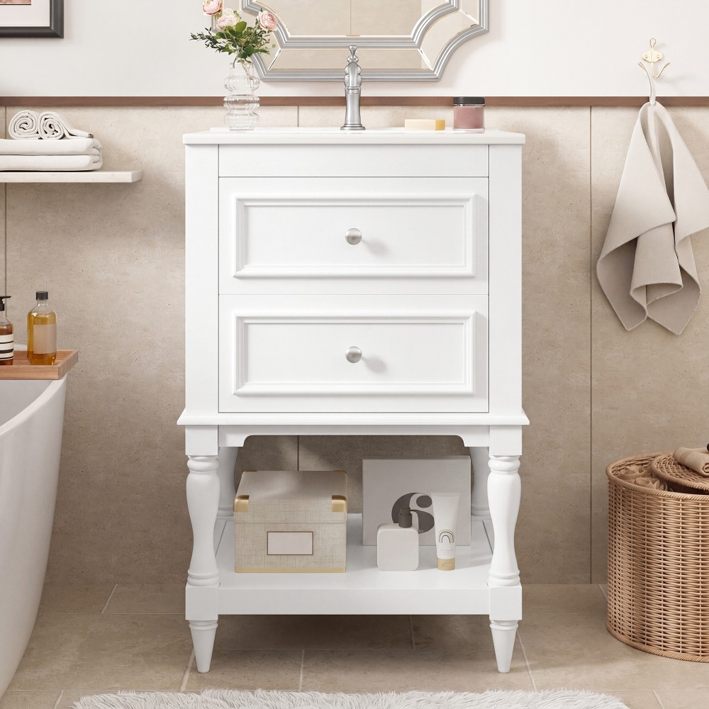 20” Bathroom Vanity with Ceramic Sink, Bathroom Storage Cabinet with Open Shelf