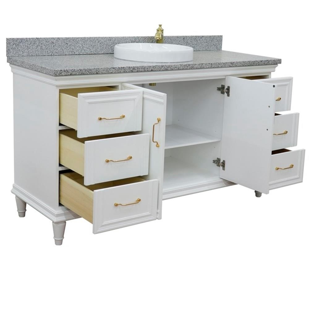 61 in. Single Wooden Vanity White with Gray Granite Round Sink