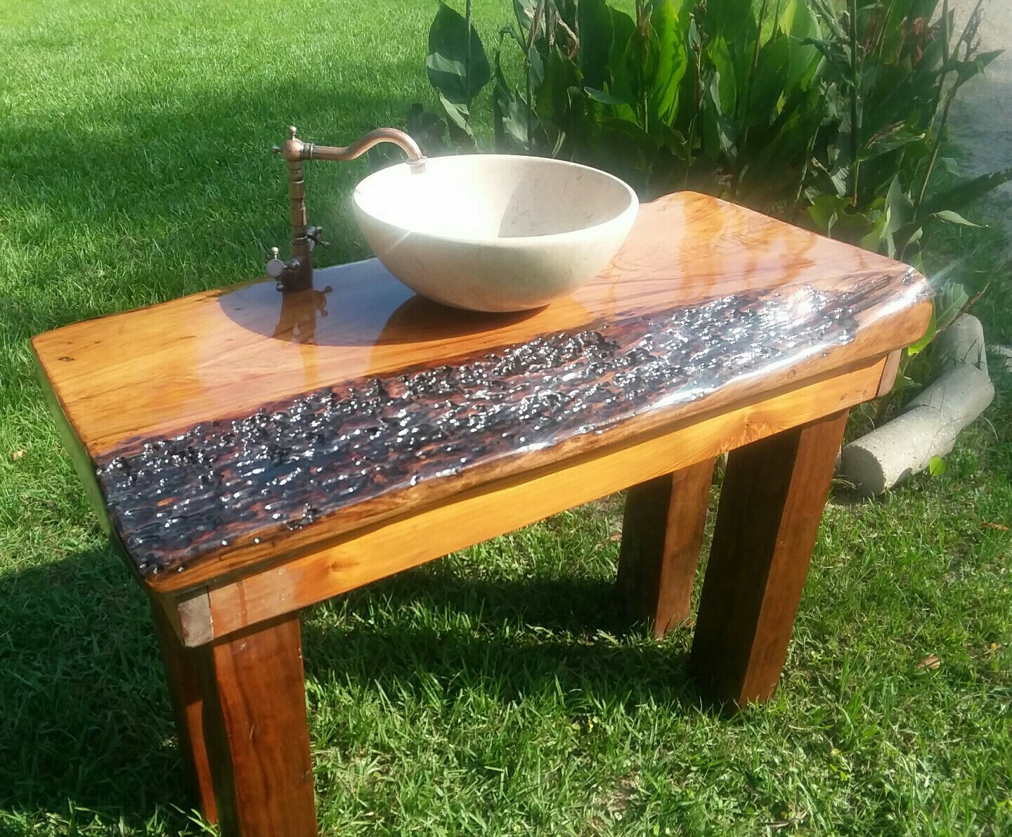 REVERSABLE Ancient Sinker Cypress Rustic Bath Vanity Wood Slab w/Sink & Faucet