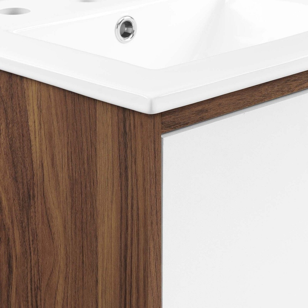 White Mid Century Modern Walnut Bathroom Vanity Ceramic Sink Single Double