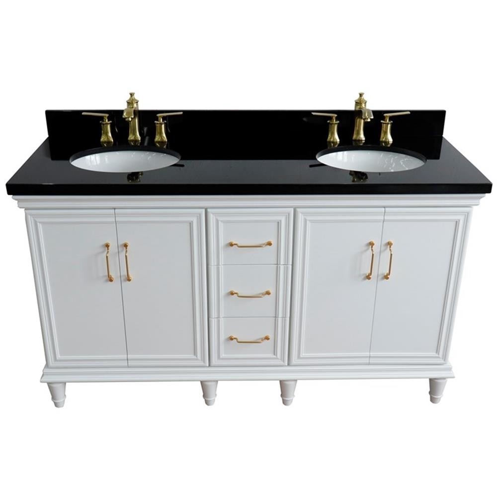 61 in. Double Wooden Vanity White Black Galaxy Granite Oval Sink