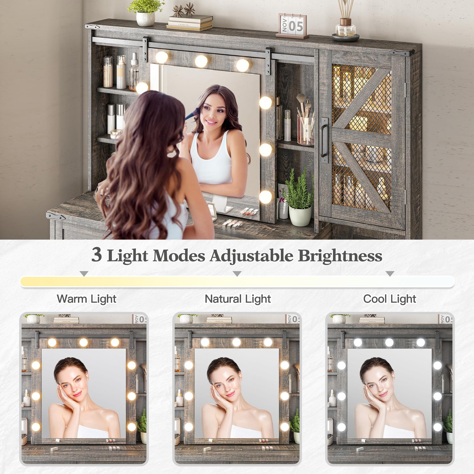 Farmhouse Vanity Desk Sliding Mirror Lights Drawers RGB Cabinet Jewel Rustic Oak