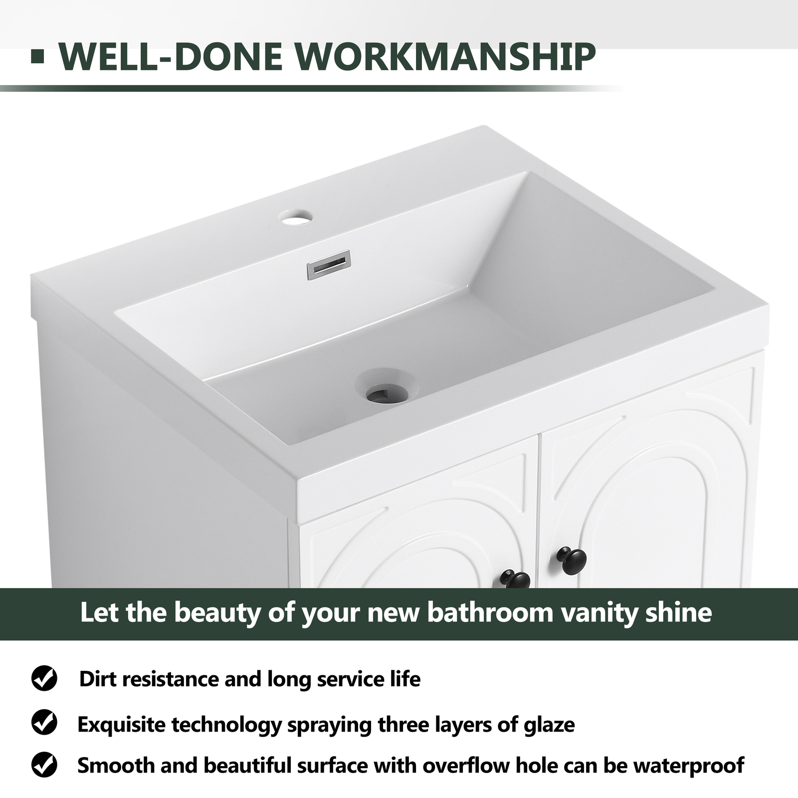 24″ Modern Freestanding Bathroom Vanity Cabinet With Undermount Resin Sink Basin