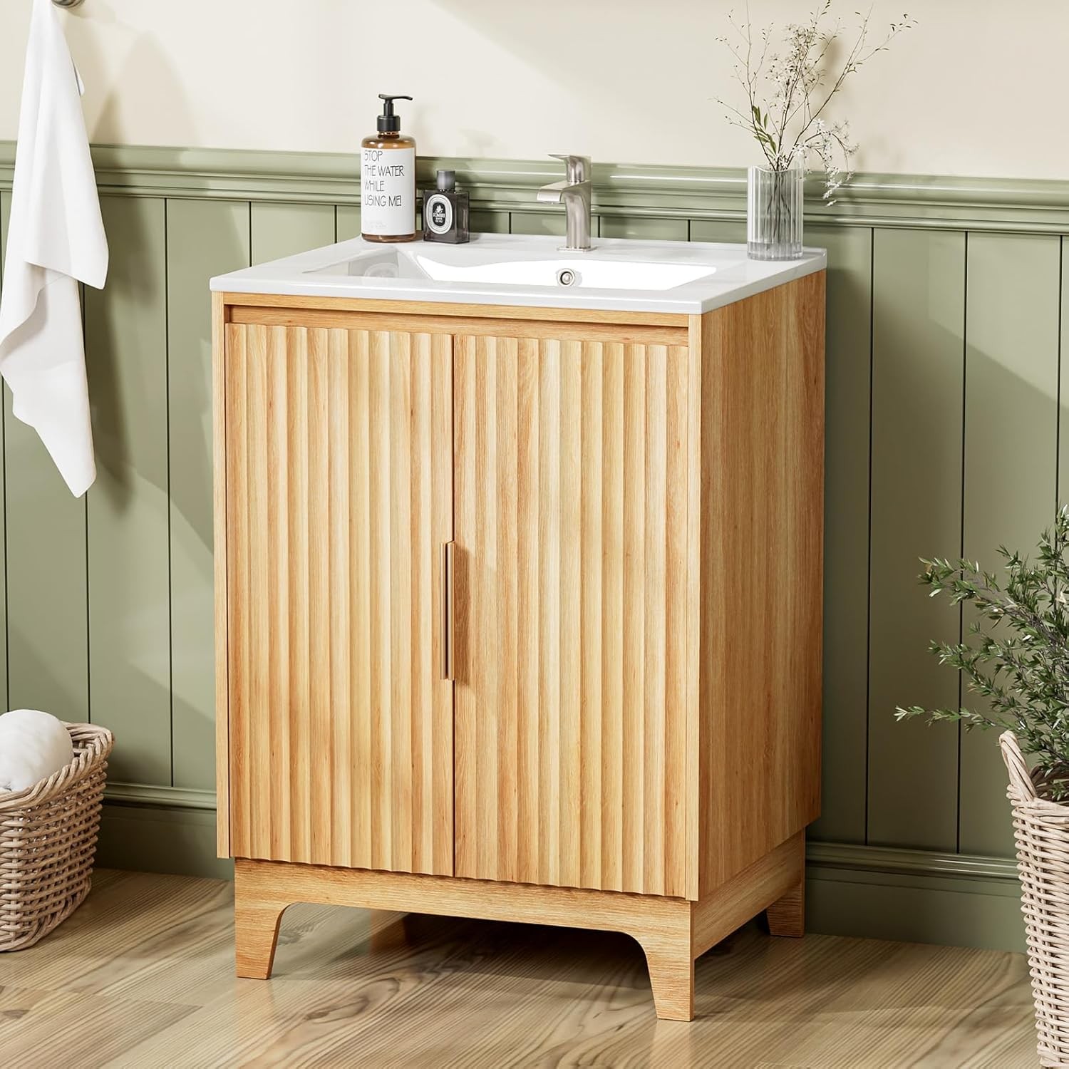 24″ Fluted Vanity Free Standing Bathroom Storage Cabinet with Sink Combo Set