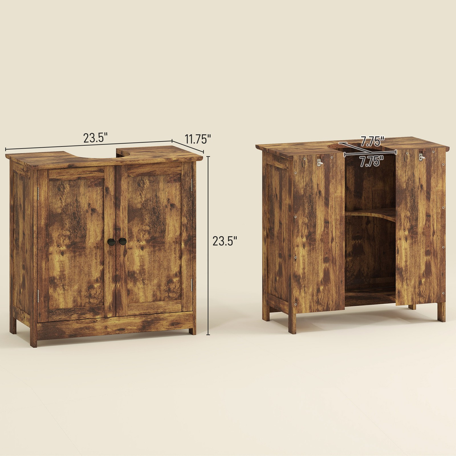 Under Sink Bathroom Cabinet with 2 Doors and Shelf, Rustic Brown