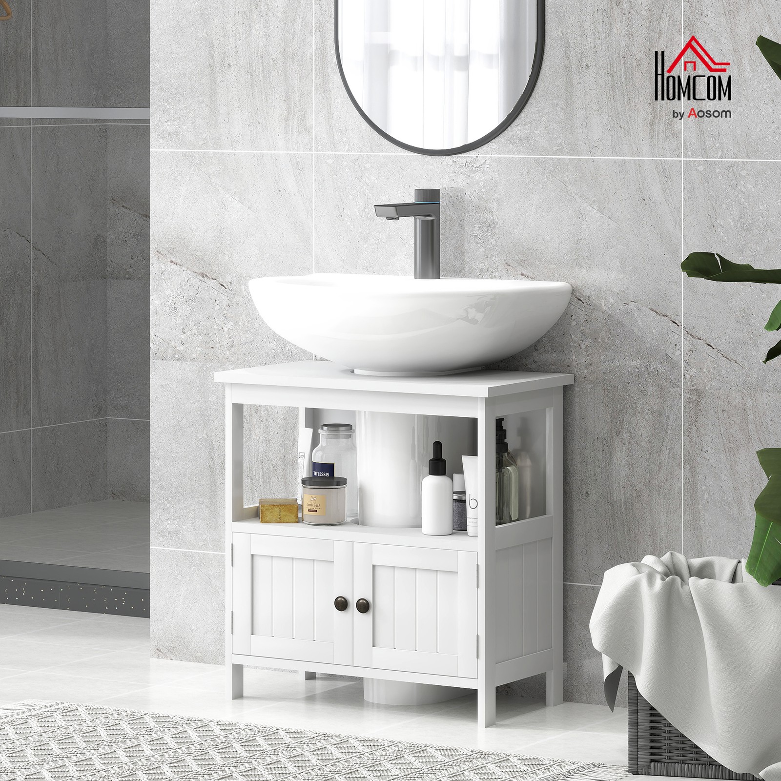 Pedestal Under Sink Cabinet w/ Doors, Storage Organizer, White, Used