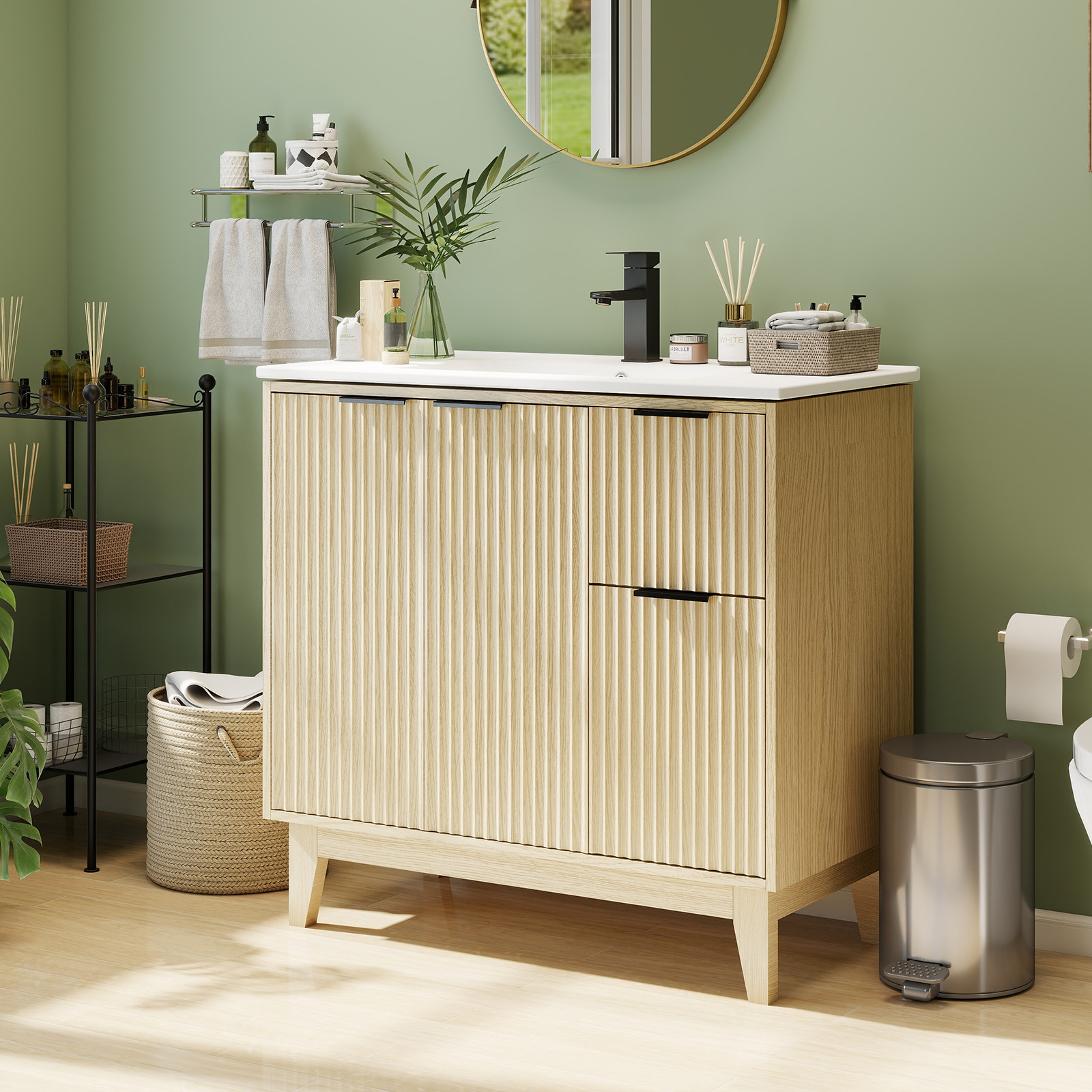 36″ Light Oak Bathroom Vanity with Sink, Soft Close Doors & Soft Drawers