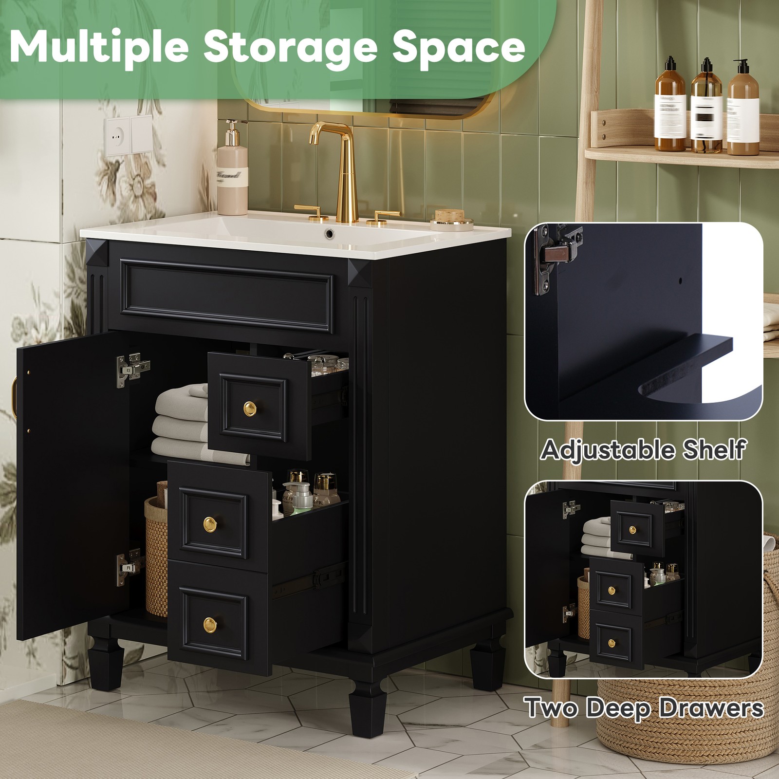 24″ Bathroom Vanity w/Ceramic Sink, Small Bathroom Sink Cabinet with 2 Drawers