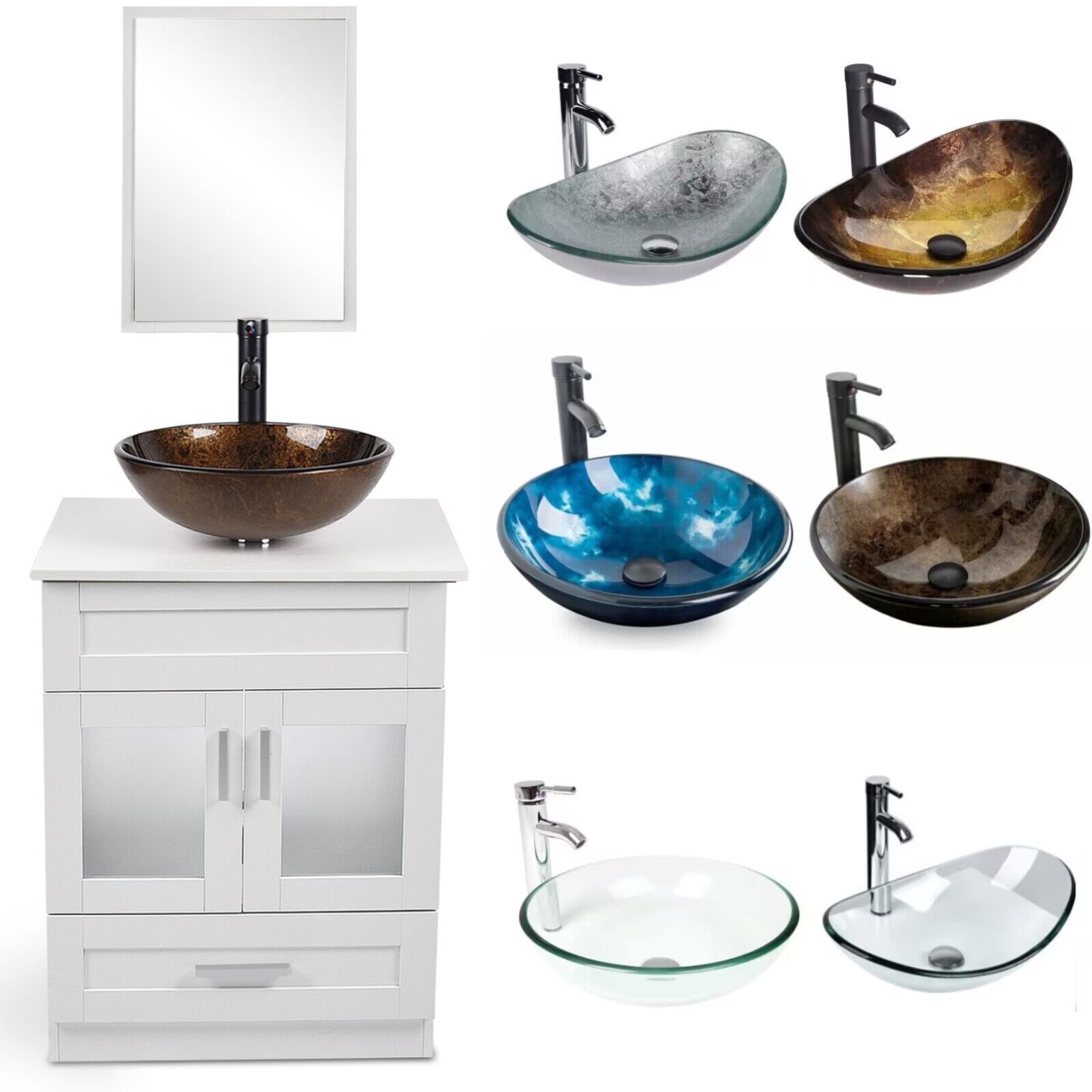 24” Bathroom Vanity Cabinet Vessel Sink Sets Tempered Glass Faucet Drain Combo