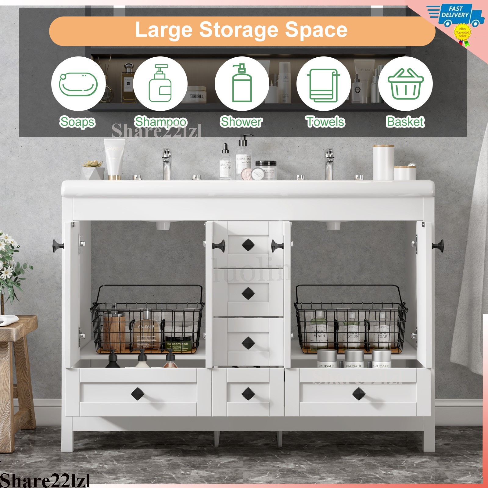 White 47inch Bathroom Vanity Bathroom Storage Cabinet with Double Ceramic Sink
