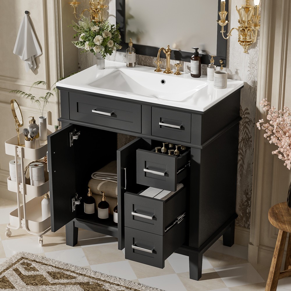 30″ Bathroom Vanity w/Sink, Freestanding Vanity Storage Cabinet, 2 Drawers,Doors
