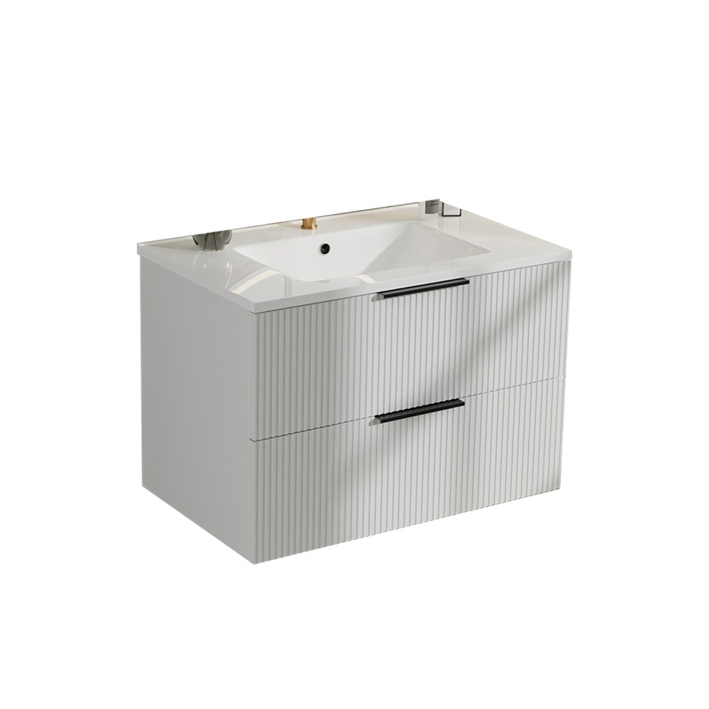 30″ Bathroom Vanity with Ceramic Sink, White Wall Mounted Fluted Cabinet