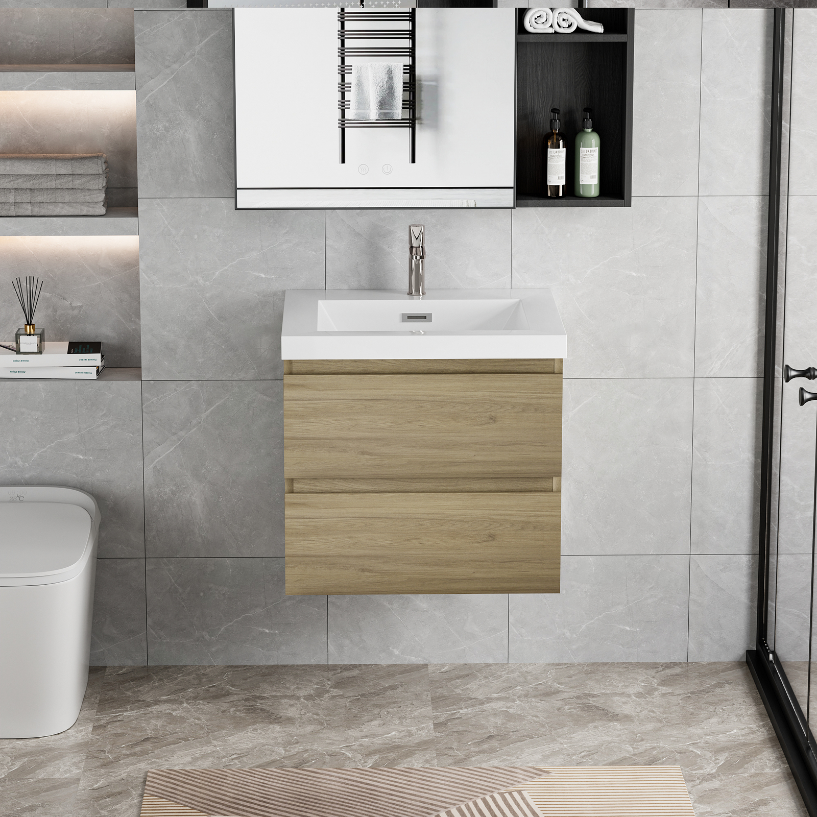 24 in Floating Wall-Mounted Bathroom Vanity 2 Drawers With Resin Top Basin Sink