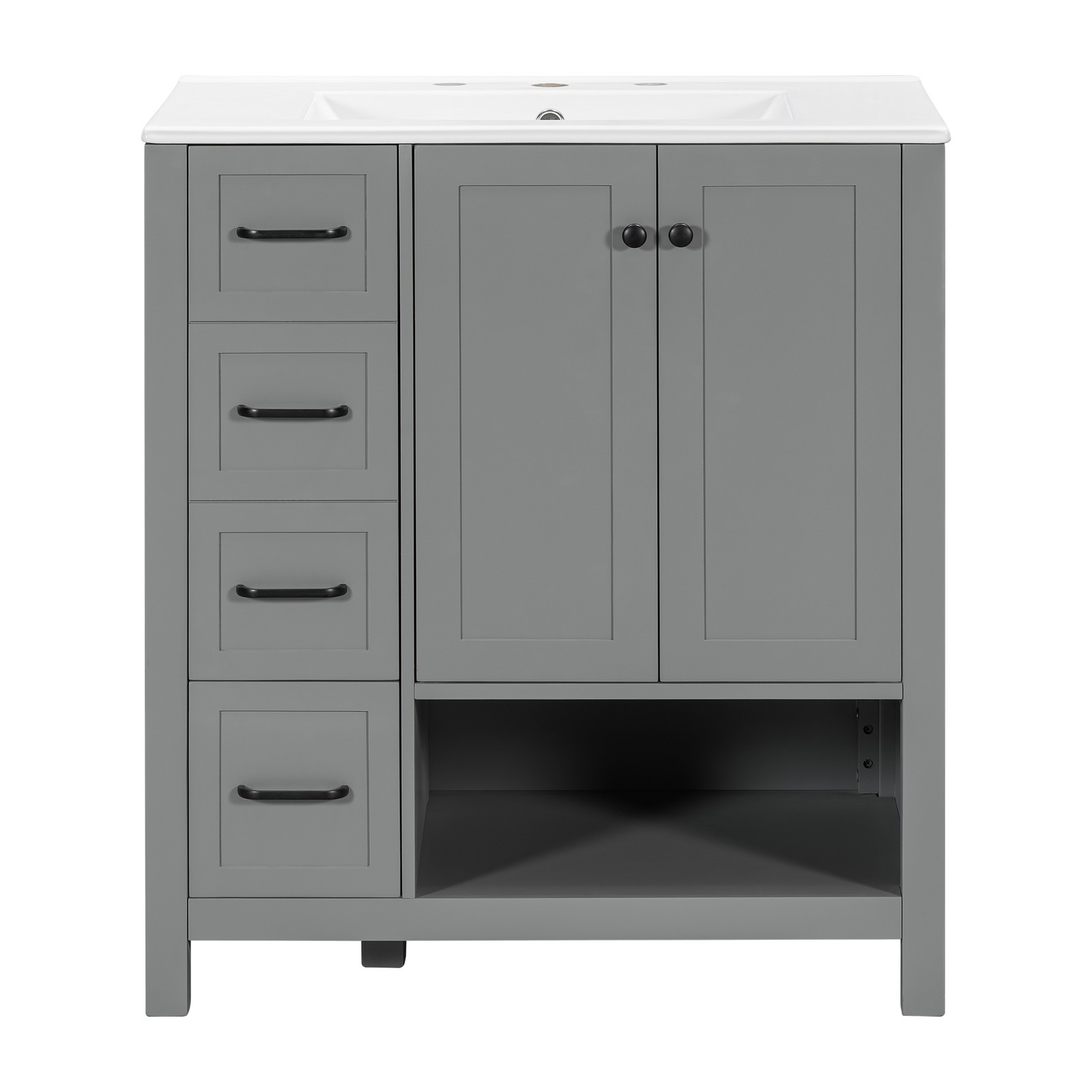 30″ Bathroom Vanity with Sink, 2 Doors & 2 Drawers, Solid Wood, Gray