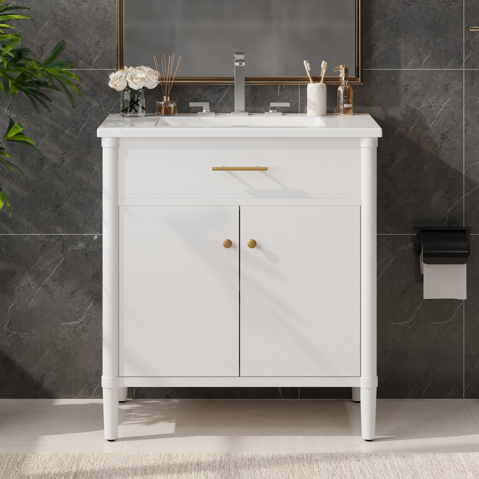 30″ Bathroom Vanity with Sink, Bathroom Cabinet with Soft Close Doors White