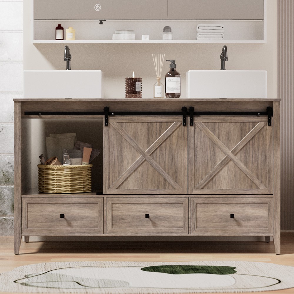 60″ Bathroom Vanity with Double Sink Combo Cabinet, Soft-Close Door & 5 Drawers
