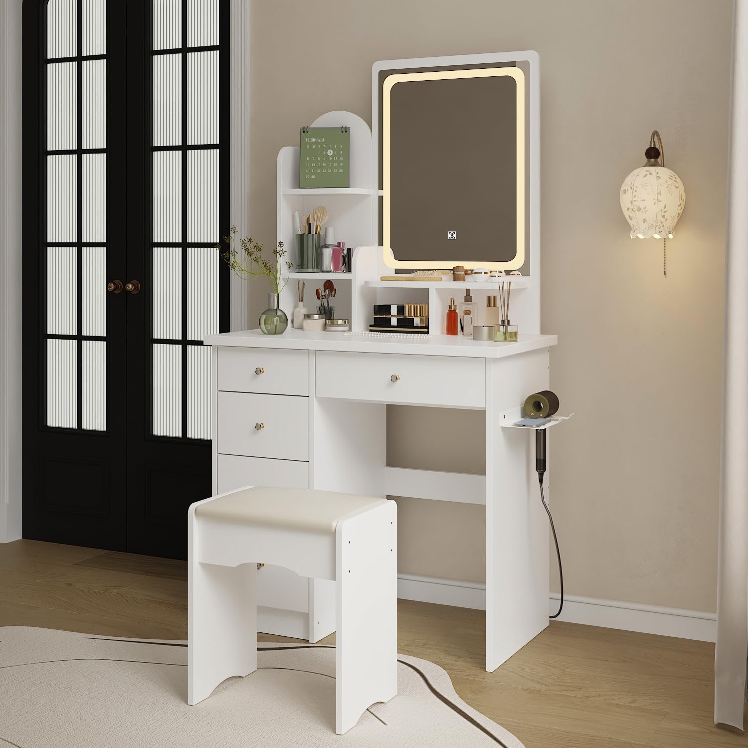 Vanity Set LED Mirror Outlet 5 Drawers Shelves Cushioned Stool Bedroom White