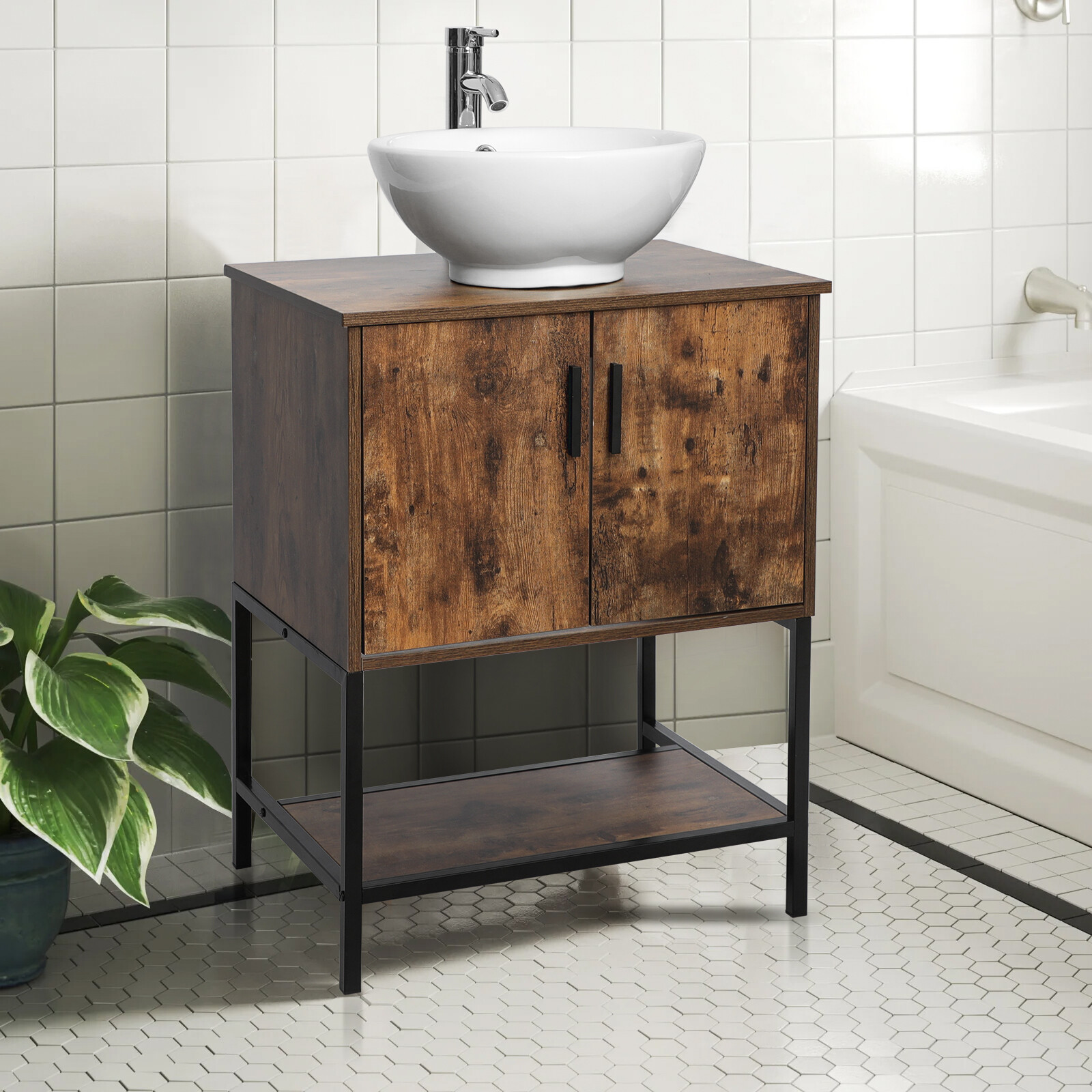 24″ Bathroom Vanity Cabinet Combo Organizer Top Vessel Sink W/ Faucet Drain Hose