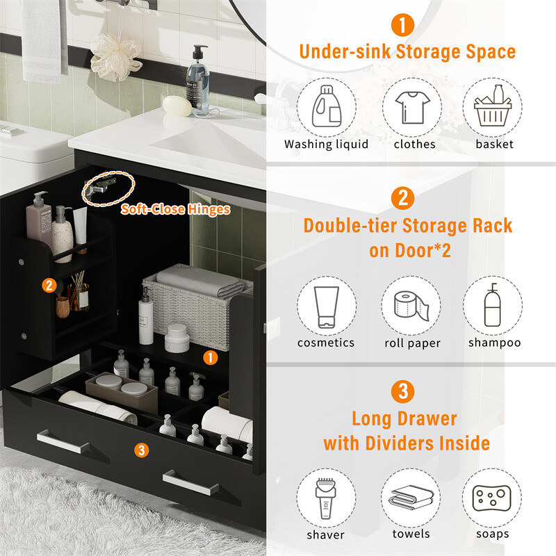 36″ Black Bathroom Vanity with Ceramic Sink Bathroom Cabinet with Ample Storage