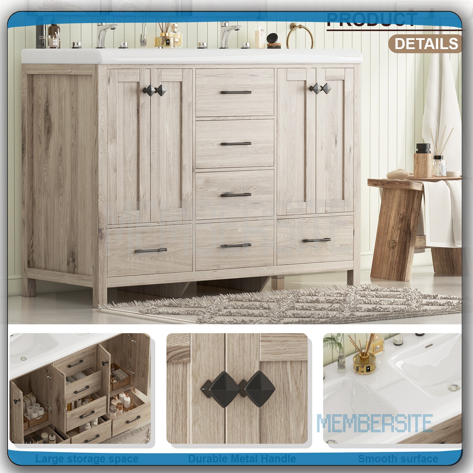 Bathroom Vanity ,47.3″ Vanity Top w/2 Ceramic Sinks ,5 Drawers Freestanding NEW