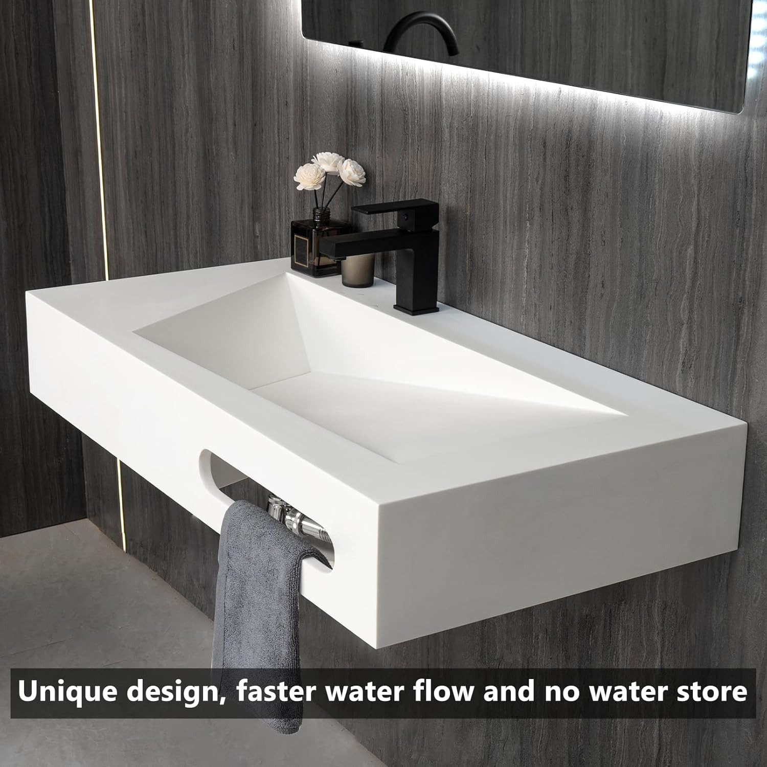 32″ Wall Mount Bathroom Vanity with White Stone Resin Vessel Sink