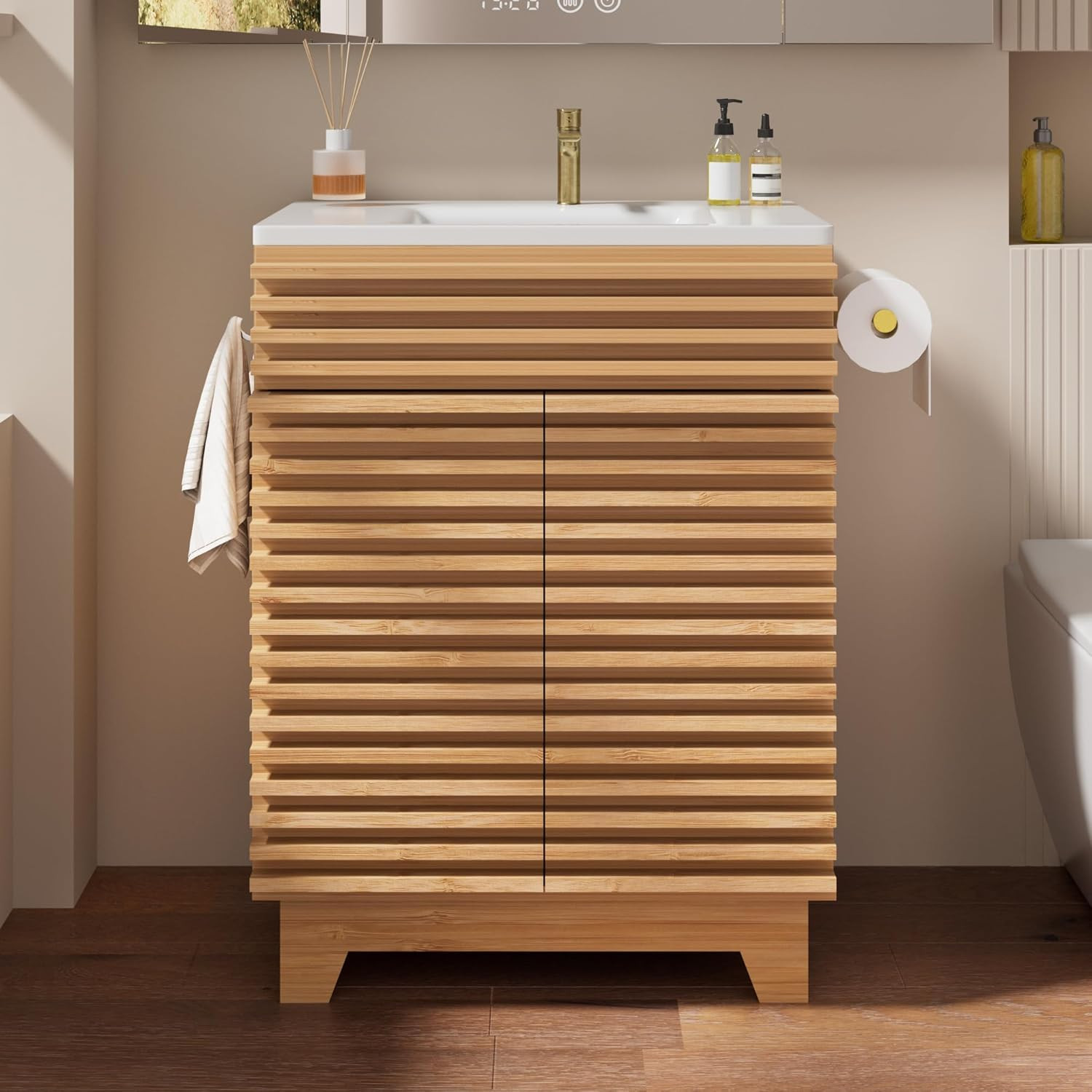 VNN 24″ Natural Oak Fluted Vanity w/ Ceramic Sink Soft-Close Doors Shelves