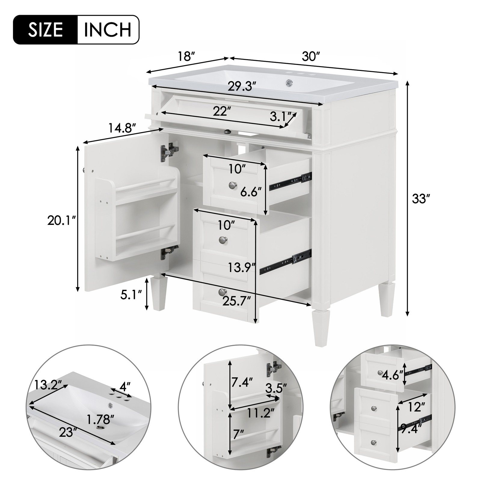 30″ Bathroom Vanity w/Sink, 3 Drawers, Freestanding Bath Vanity Storage Cabinet
