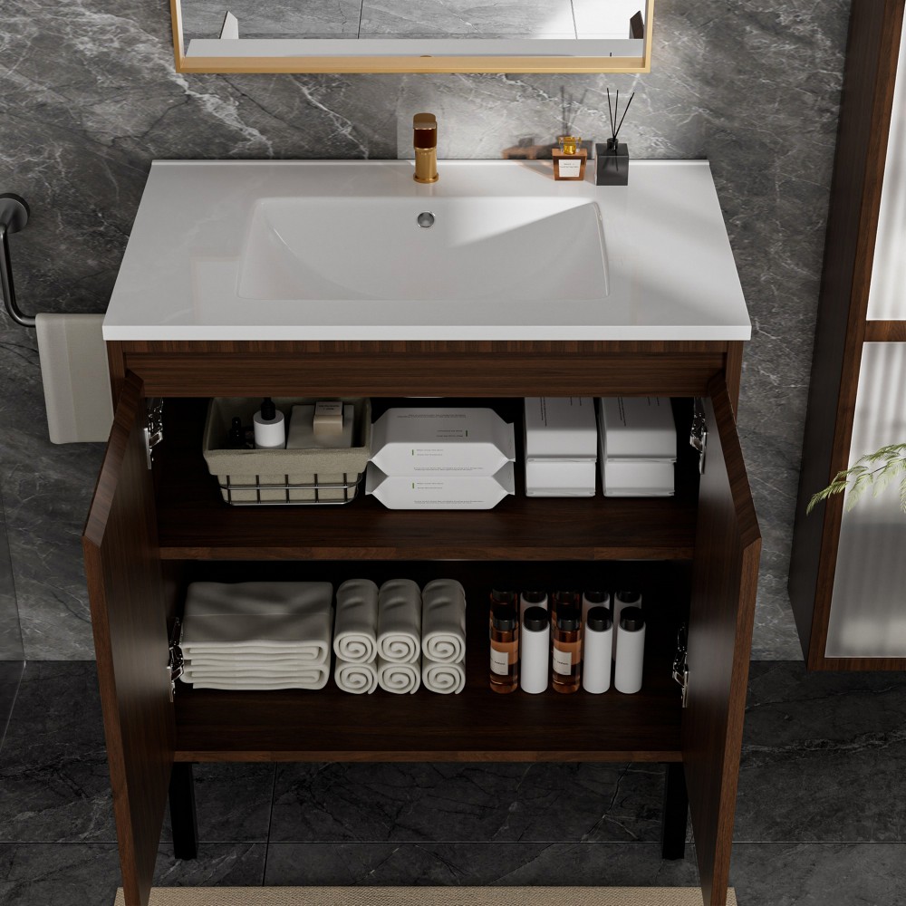 Modern Bathroom Vanity: White Sink, Soft Close Drawers, Walnut Wood Finish