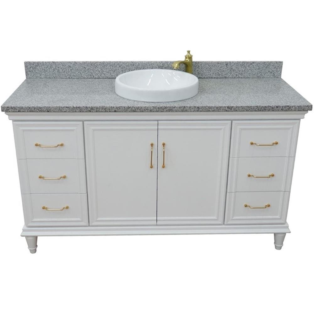 61 in. Single Wooden Vanity White with Gray Granite Round Sink