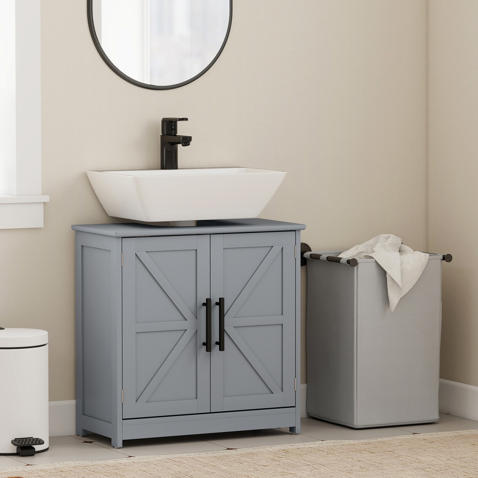 HOMCOM Pedestal Sink Storage Cabinet, Bathroom Sink Cabinet, Light Gray