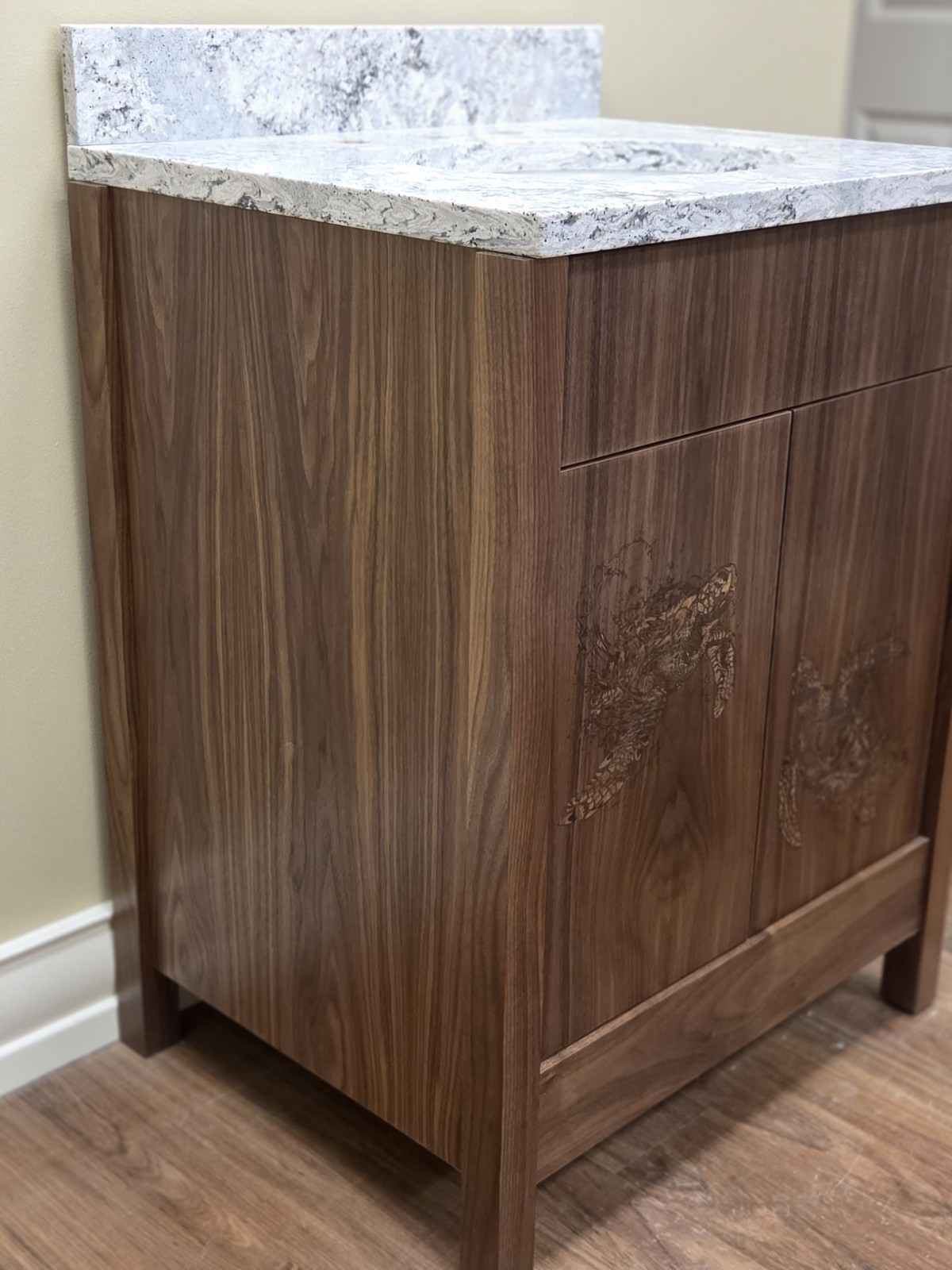 Fabulous Seaturtle Engraved Walnut Bathroom Vanity Cabinet
