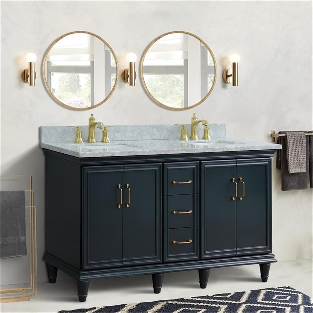 61 in. Double Wooden Vanity Dark Gray White Carrara Marble Rectangle Sink