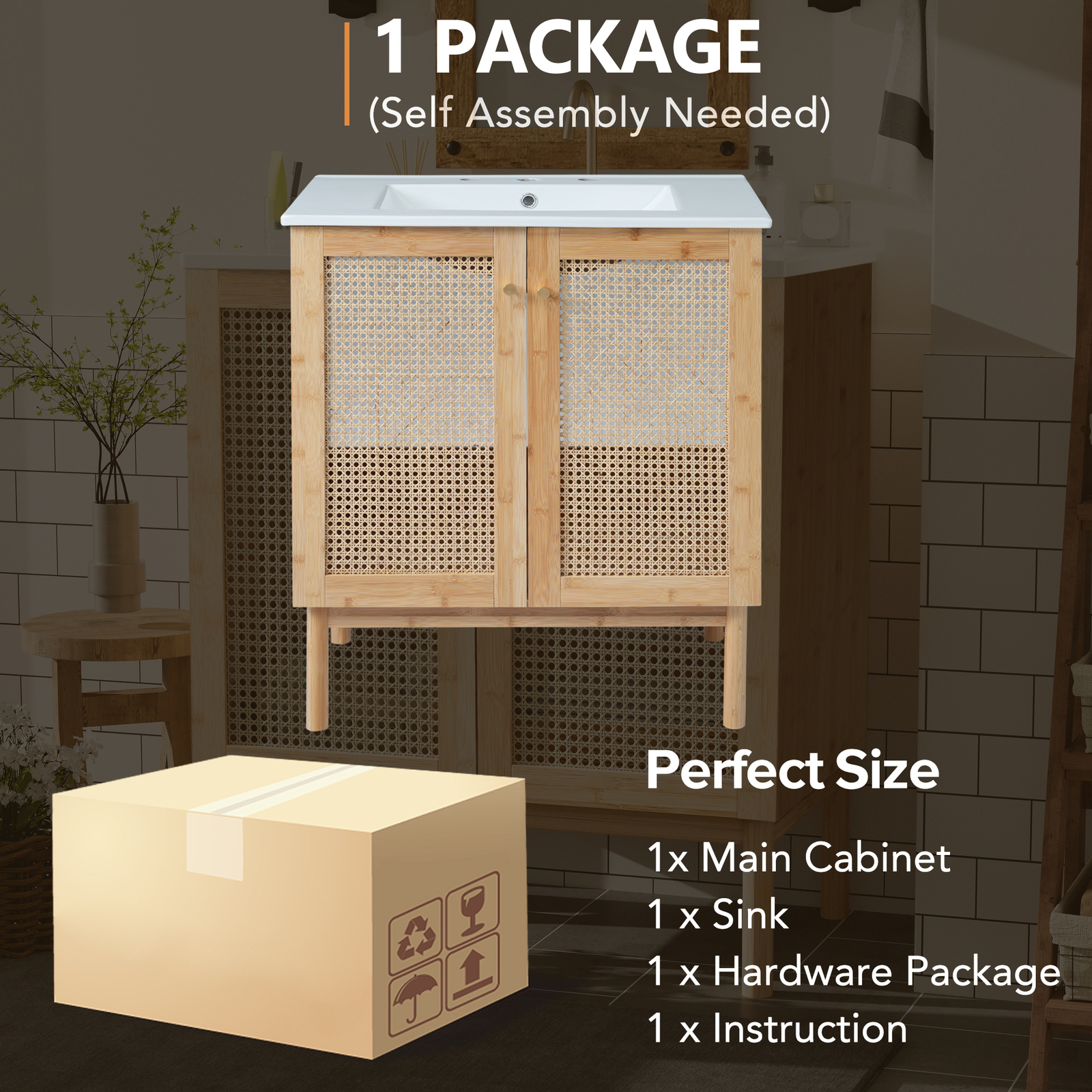 30″ Bathroom Vanity w/ Sink, Freestanding Vanity Storage Cabinet, 2 Rattan Doors
