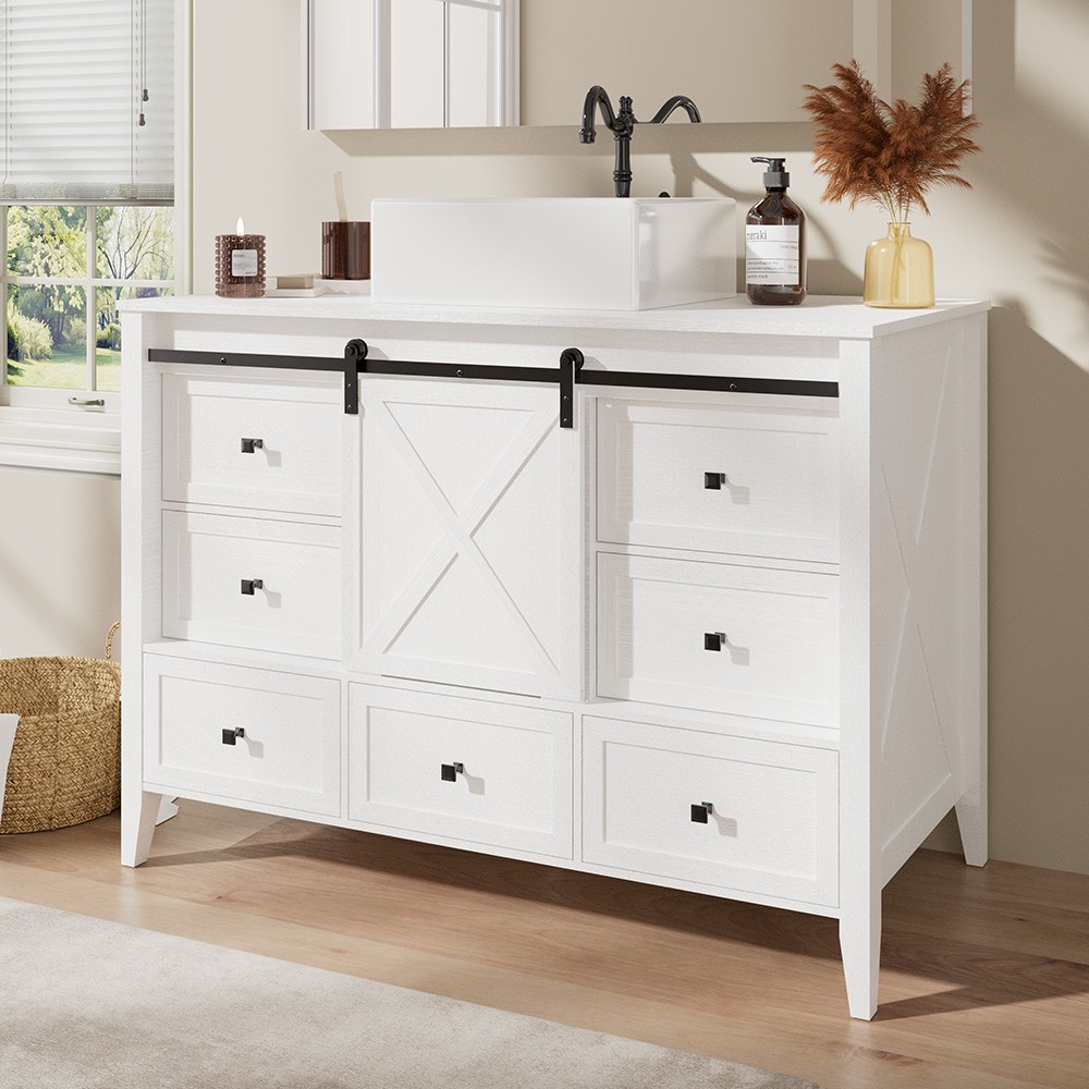 48″ Bathroom Vanity with Ceramic Sink Freestanding Storage Cabinet w/ 7 Drawers