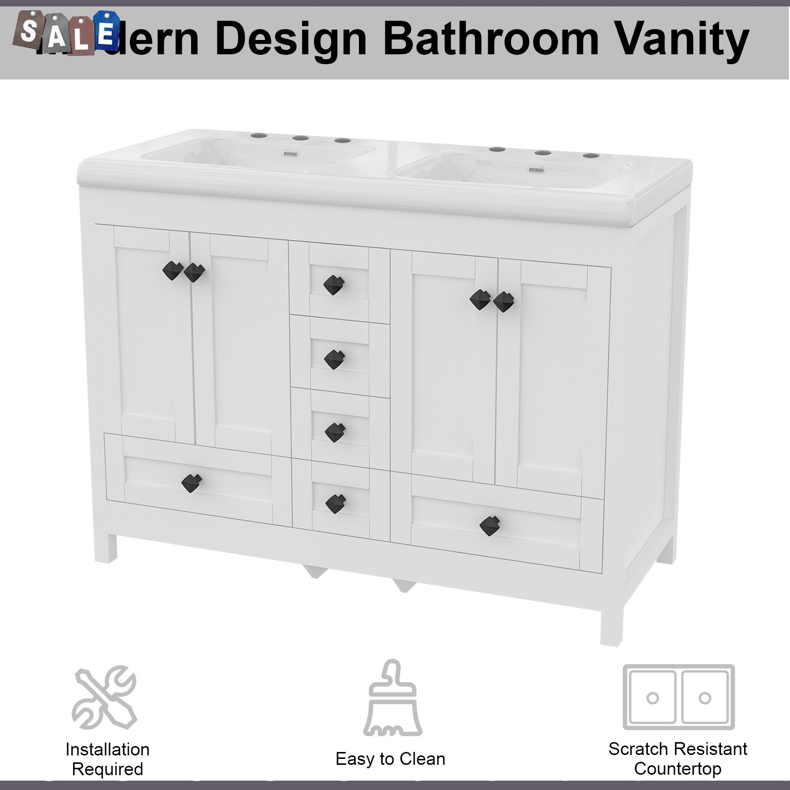 White Classic Bathroom Vanity Double Ceramic Sinks Freestanding With 5 Drawers