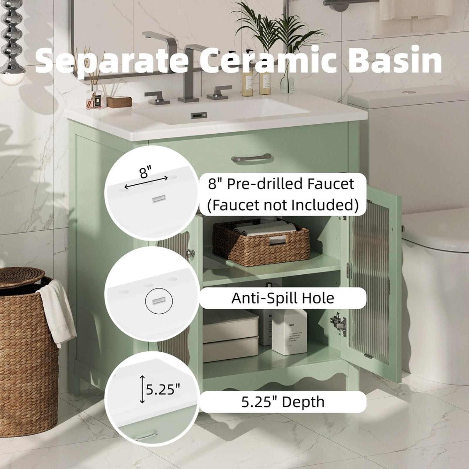 Green MDF Bathroom Vanity with Ceramic Sink Tempered Glass Cabinet Adjustable