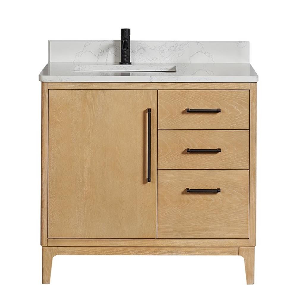 Pemberly Row Single Bath Vanity – Washed Ash Gray w/ White Grain Composite Stone