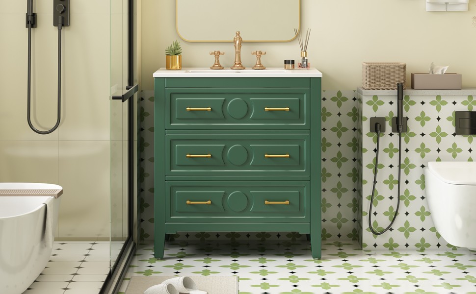30″ Green Bathroom Vanity with Ceramic Sink, 3 Drawers, Solid Wood
