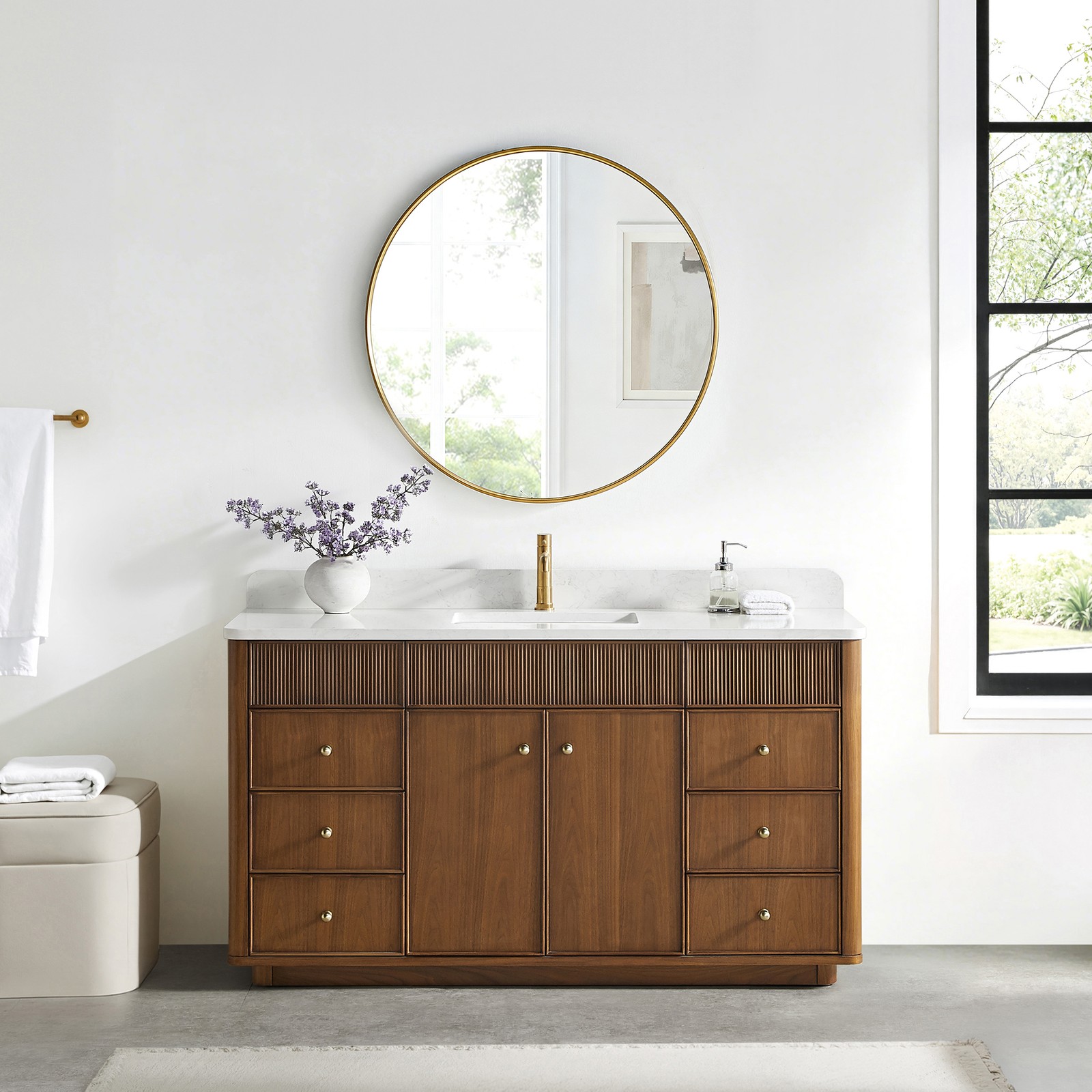 Zogno 60″ Single Sink Bath Vanity in Natural Walnut with White Grain Stone Top