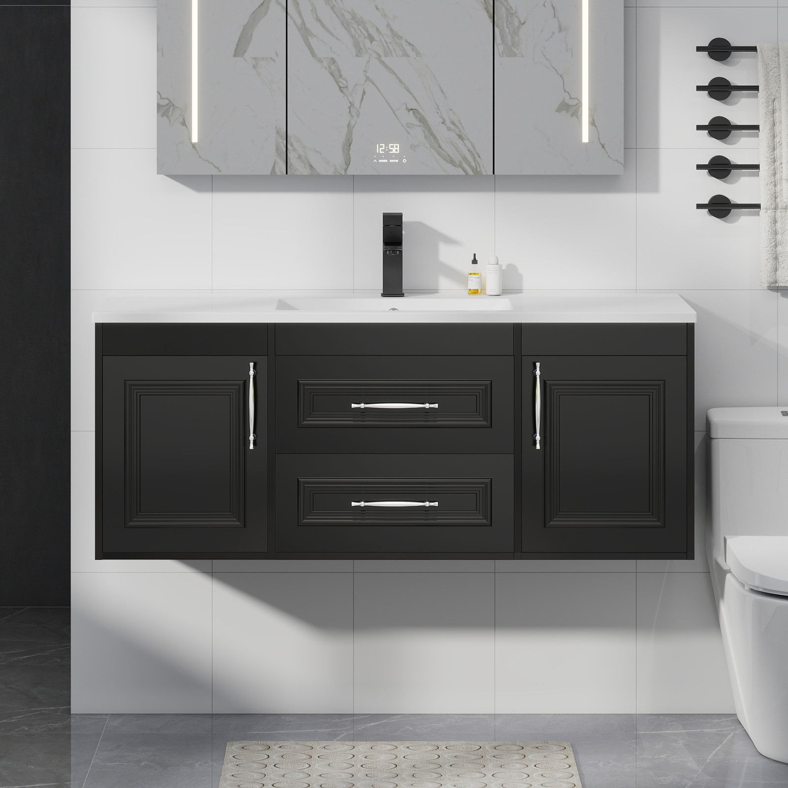 48 Inch Black Wall Mounted Floating Bathroom Vanity with Sink Soft Close Cabinet