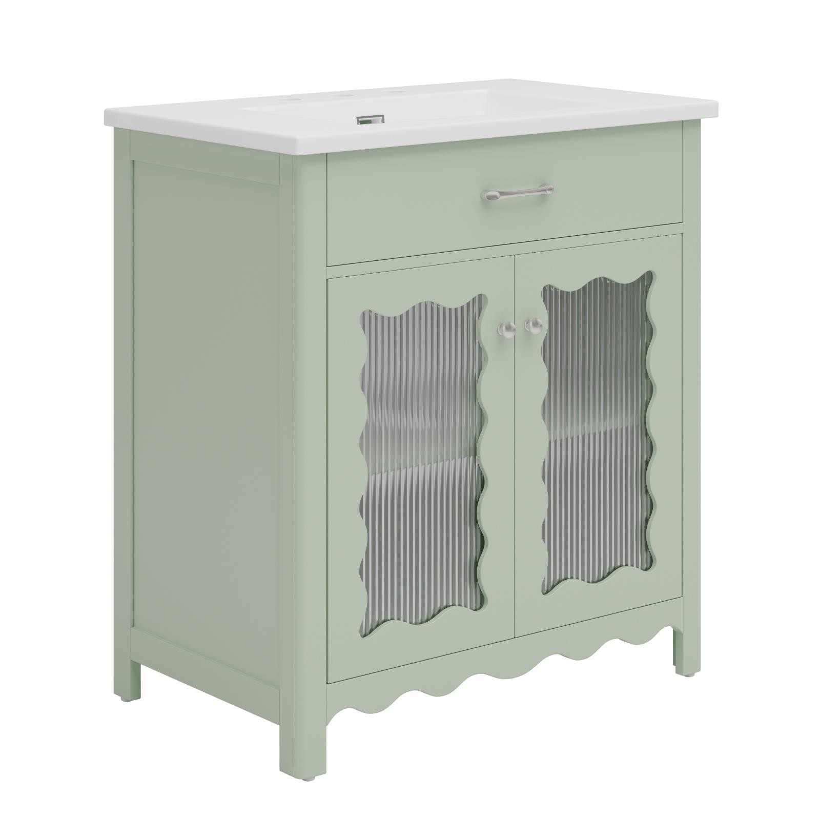 Green MDF Bathroom Vanity with Ceramic Sink Tempered Glass Cabinet Adjustable